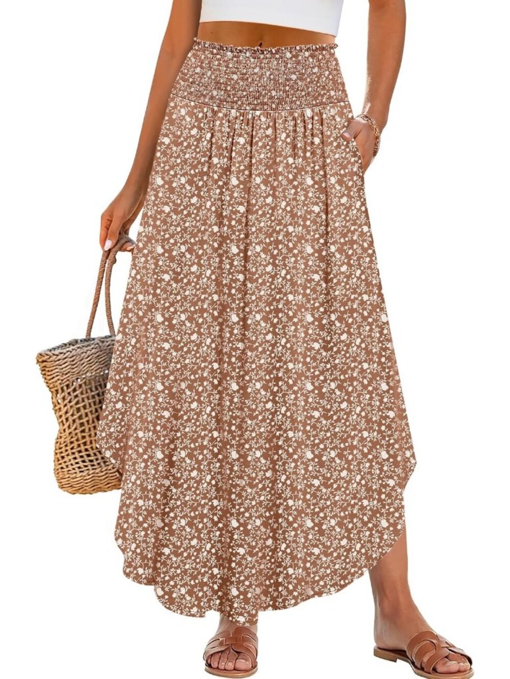 Women's Brown Boho Floral High Waisted Smocked Flowy Pocket Maxi Skirt